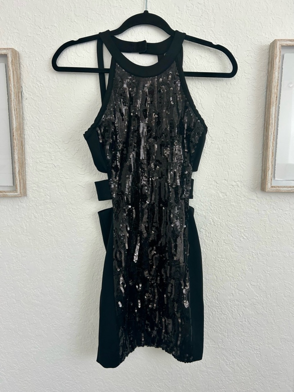 Bebe Black Sequin Halter Bodycon Dress